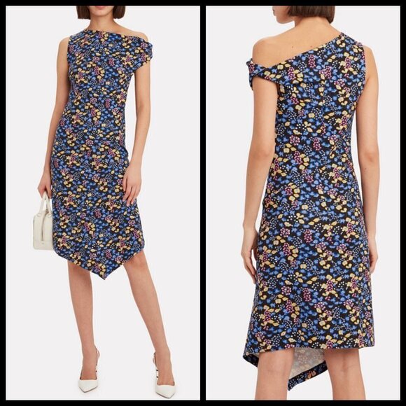💕ATLEIN💕 Off Shoulder Twist Dress ~ Blue Floral Print 38 One Shoulder Neoprene - Picture 1 of 16